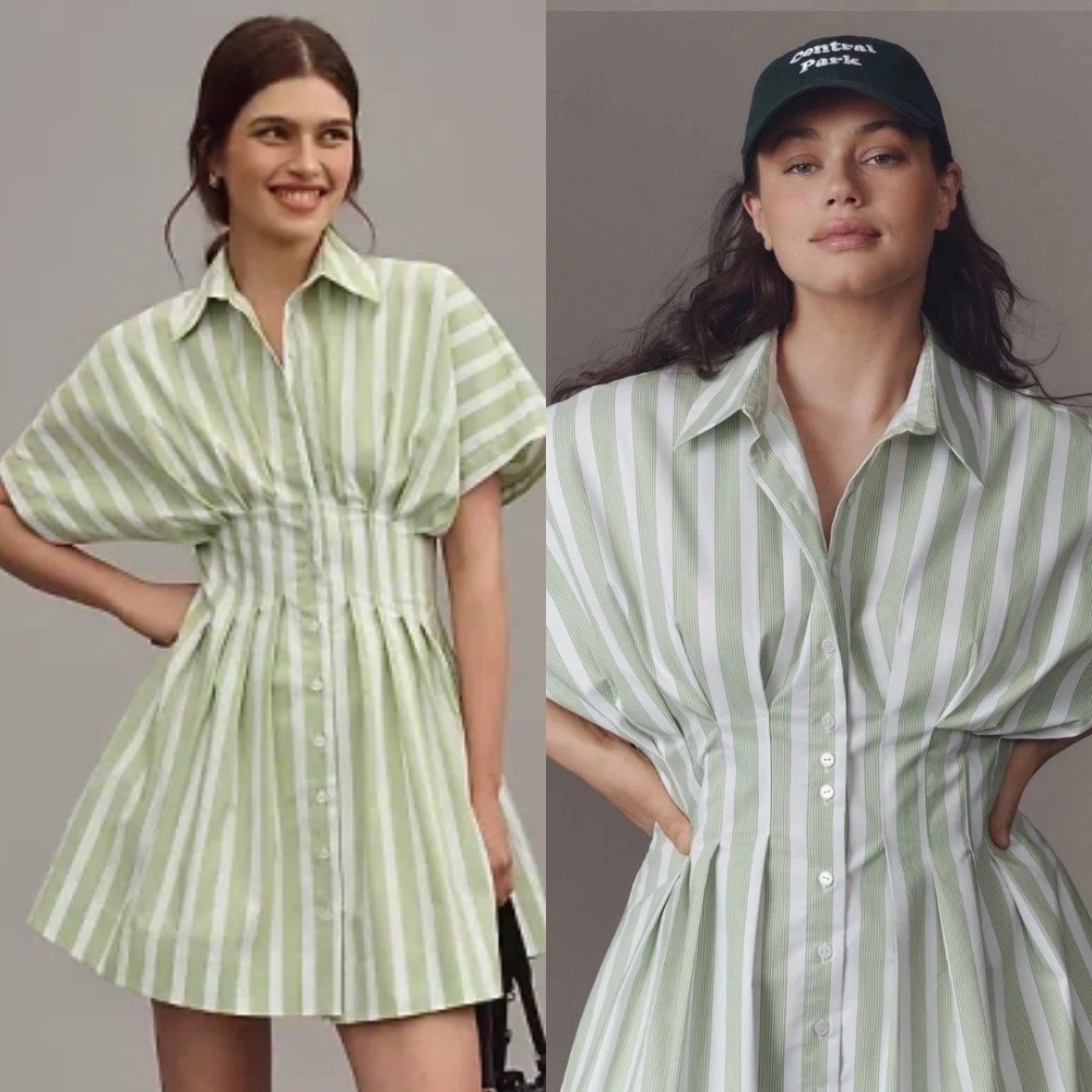 NWT Anthropologie Exquise The Tobie Button Front Shirt Dress Green Stripe XL
